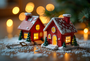 Miniature houses with lit windows, keys, and a blurred background, festive atmosphere and holiday lights