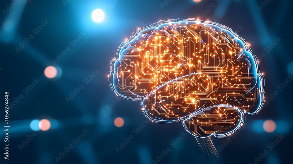 Poster a glowing abstract brain design showcases intricate circuits, merging technology with intellect