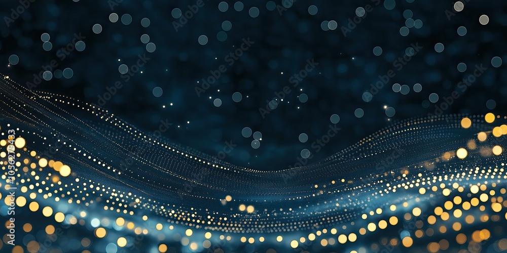 Poster abstract wave of glowing particles in dark blue background with soft shimmering lights creates a sen