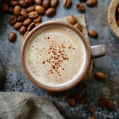 A cup of coffee with a sprinkle of cinnamon sits on a gray surface surrounded by coffee beans