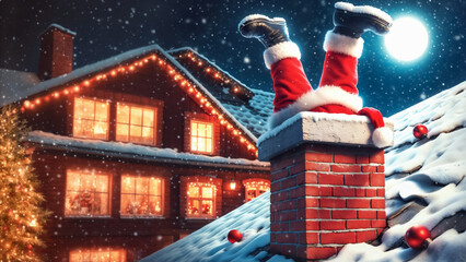 Santa Claus stuck upside down in chimney, humorous Christmas scene with snowy rooftops, full moon, and cozy lit windows in background. Holiday mishap concept.