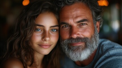 Father and teenage daughter smiling together, close-up, family bonding, outdoors, joyful expressions, warm sunlight, generational connection, affectionate father-daughter relationship, love, happiness