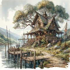 Obraz premium Rustic Nordic waterfront cottage with wooden dock in a misty landscape, detailed watercolor painting capturing serene natural beauty.