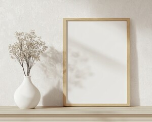 Minimal wooden picture poster frame mockup set against white wallpaper