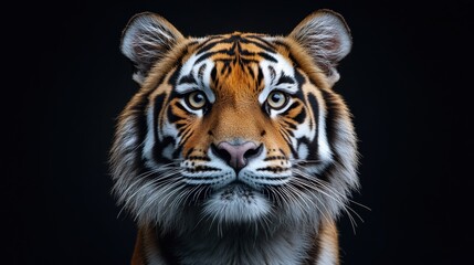 Fototapeta premium Close-up portrait of majestic tiger, intense gaze, detailed stripes, black background, powerful wild animal, nature, fierce expression, endangered species, strength, elegance