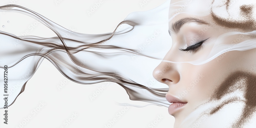 Poster profile of a woman with flowing shapes and textures in soft brown and white tones suggesting tranqui