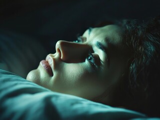 Close-up of someone experiencing Sleep Paralysis, with clear lighting highlighting the tension and immobility in the moment