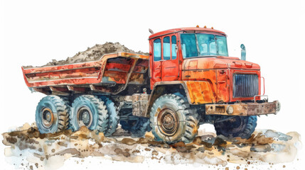 Obraz premium Watercolor illustration of beautiful little bulldozer, dump truck illustration on white background
