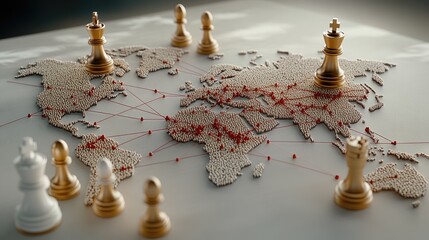 Chess pawns on a world map illustrate global connectivity and technology in a business setting with a striking gold and red color palette