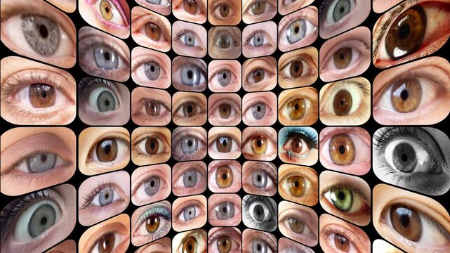 hanging eyes from different people made into television screen wall pattern