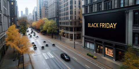 Urban street scene with black friday sale advertisement in yellow letters on large billboard surrounded by autumn trees in vibrant orange colors on a rainy day with wet pavement reflecting city buildi