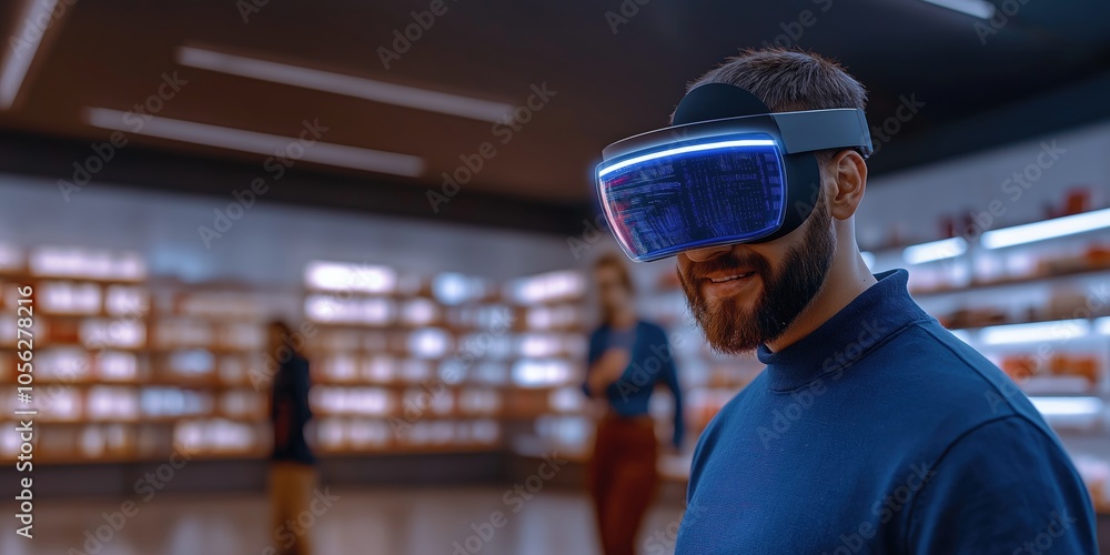 Poster man wearing advanced virtual reality headset in modern store setting illuminated with blue tones ref
