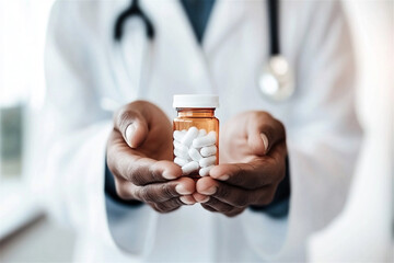 Doctor presents a pill bottle filled with white capsules, symbolizing medical treatment, healthcare, and pharmaceutical dispensing. Selective focus on a pill bottle