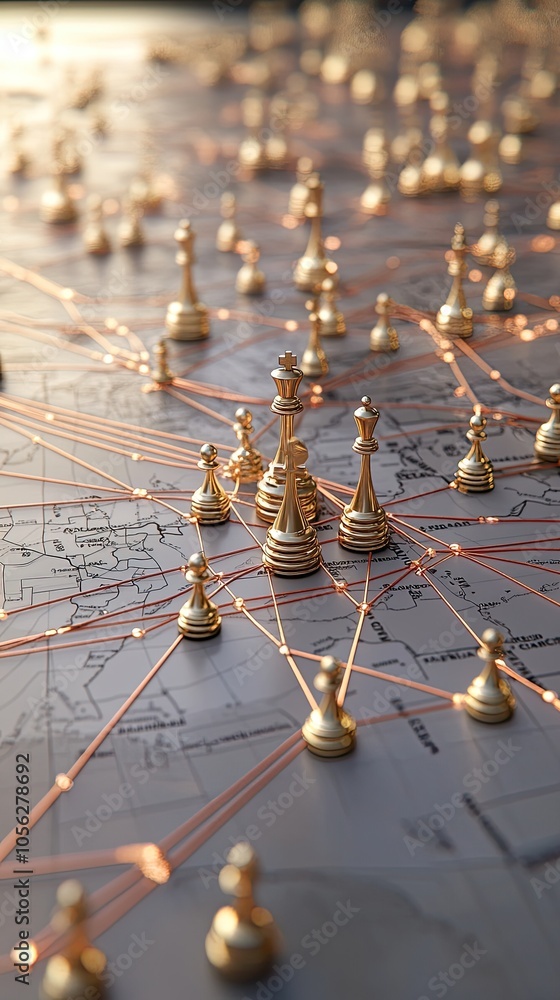 Poster chess pawns on a world map illustrate global connectivity and technology in a business setting with 