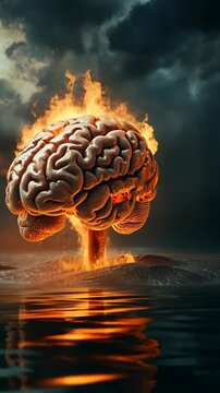 Brain engulfed in flames and reflecting on a water surface
