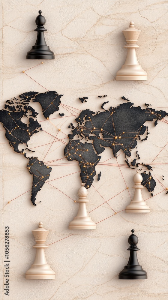 Poster chess pawns on a world map illustrate global connectivity and technology in a business setting with 