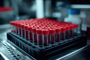 Obraz premium test tubes with red liquid with red caps close-up in the laboratory
