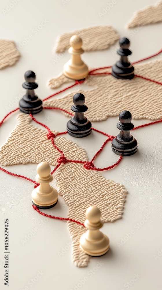 Poster chess pawns on a world map illustrate global connectivity and technology in a business setting with 