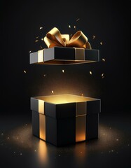 black gift box with gold ribbon on black background
