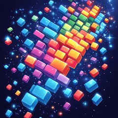 A colorful pattern of square blocks in various shades of blue, green, yellow, orange, red, and pink against a dark blue background with white sparkles.