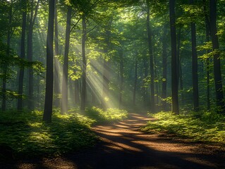 Obraz premium Serene forest path illuminated by sunlight filtering through lush green trees.
