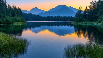 Serene lake at dawn surrounded by mountains and trees reflecting in calm waters.