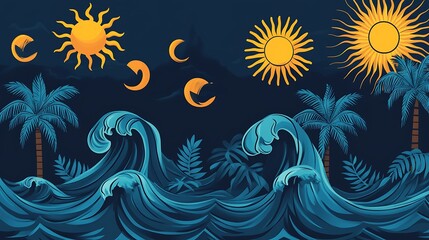 Naklejka premium A colorful, cartoon illustration of the ocean with palm trees, waves, and the sun and moon.