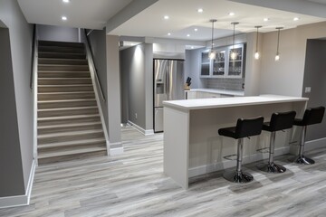 Modern Basement Renovation with a Spacious Room, Staircase, and a White Counter