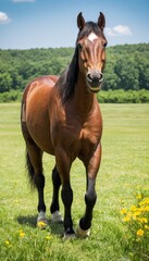 Obraz premium Horses Share a Sunny Summer Day in a Lush Green Field Enjoying the Warmth of the Season. Generative AI