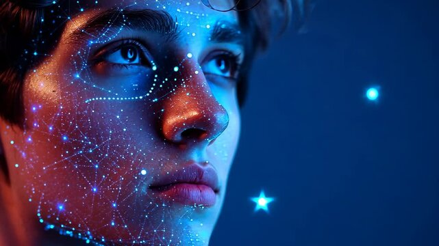 A man with digital facial recognition overlays on a blue backgro Video