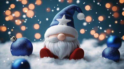 Cute Christmas gnome with tree toys around with copy space