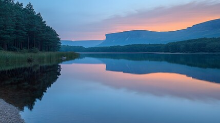 Fototapeta premium Serene landscape at dawn with calm water reflecting mountains and trees.