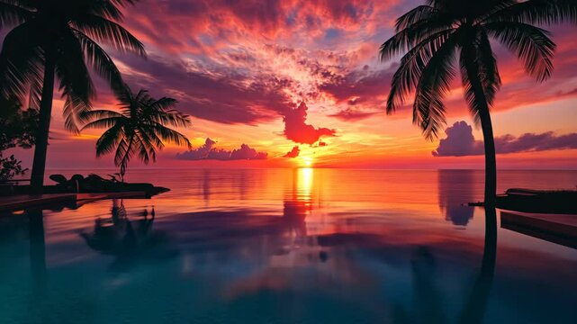 A peaceful sunset over the ocean, reflecting in a pool surrounded by palm trees