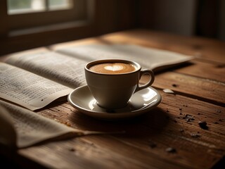 Cozy Still Life of a Steaming Coffee Cup with Latte Art Next to an Open Book on a Wooden Table in Natural Light