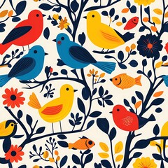 Fototapeta premium A seamless pattern with colorful birds, flowers and fish on branches.