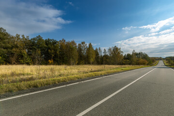 Fototapeta premium A road with a clear blue sky and trees in the background