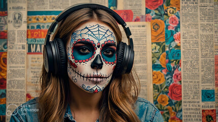 colorful sugar skull girl listens to music generative ai,generative,ai