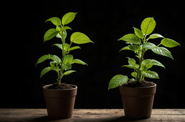 Obraz premium Two potted plants with green leaves on a dark background.