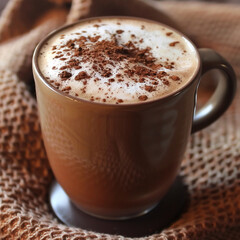 A mug of hot cocoa with a sprinkle of cinnamon sits on a woven blanket