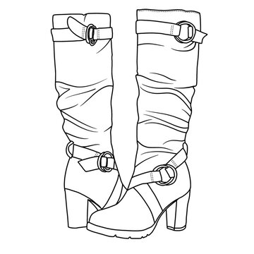 recommend clip art: Women's Knee High Boots Block Heel Warm Winter Boots with Side Zippers Shoes Line art, Technical sketch hand drawing outline vector doodle illustration side view isolated on white background