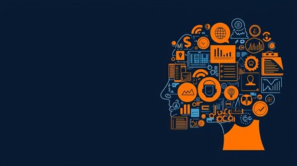 Obraz premium Business Mindset Brain filled with business icons, entrepreneurial mindset, no face, flat design illustration