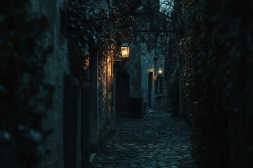 Obraz premium Mysterious Shadows in an Ancient Town: Tension and Intrigue inDark Alleyway