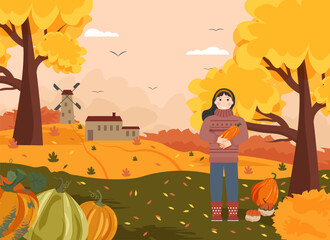 Girl and pumpkins. Autumn landscape with farm fields. House and mill on the hill. Rural landscape. Road to the house. Autumn trees and yellow fields. Seasonal work of harvesting. Vector illustration