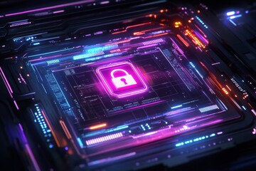 Futuristic Data Security Interface: Innovation and Trust Captured in Neon Holography