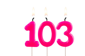 Pink number 103 birthday candle lit on white background