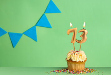 Birthday cupcake with number 73 candle - Green background with blue pennants.