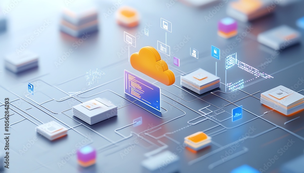 Poster Captivating 3D rendering of a virtual network showcasing digital document management, with interactive icons representing documents, clouds, and data sharing capabilities