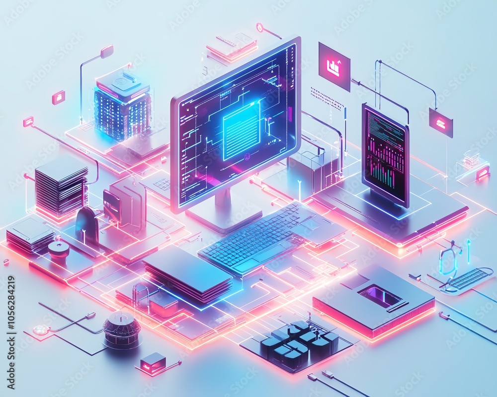 Poster Creative 3D rendering of a virtual network environment focused on digital document management, highlighting secure file transfers and efficient data organization