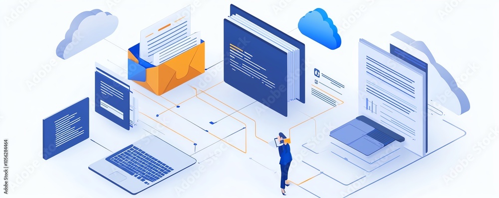 Poster Detailed image showcasing digital document management in a futuristic virtual network, with visual representations of documents, clouds, and seamless connectivity