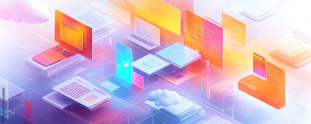 Poster Detailed image showcasing digital document management in a futuristic virtual network, with visual representations of documents, clouds, and seamless connectivity